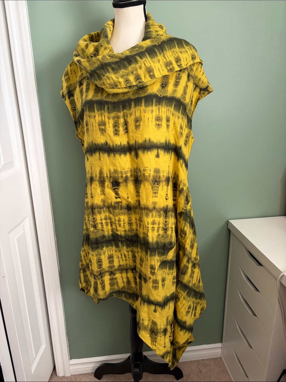 Bryn Walker 100% Linen Yellow & Black Tie-Dye Cowl Neck Tunic Dress